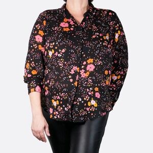 PopSugar Button Down Shirt Black Floral Large Long Sleeve Blouse 0X Large